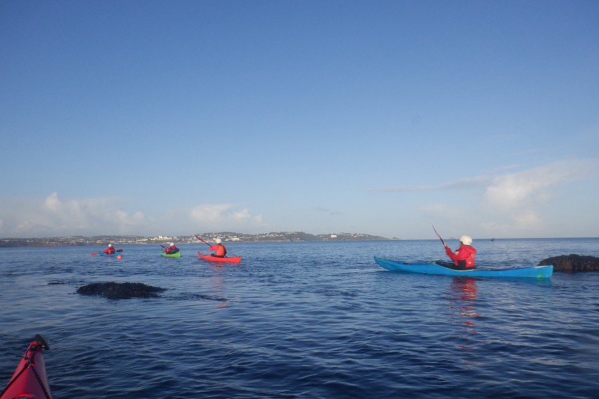 A group of sea kayakers paddling on the sea